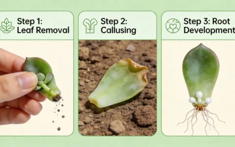 Succulent leaf propagation steps showing leaf removal, callusing, and root development process