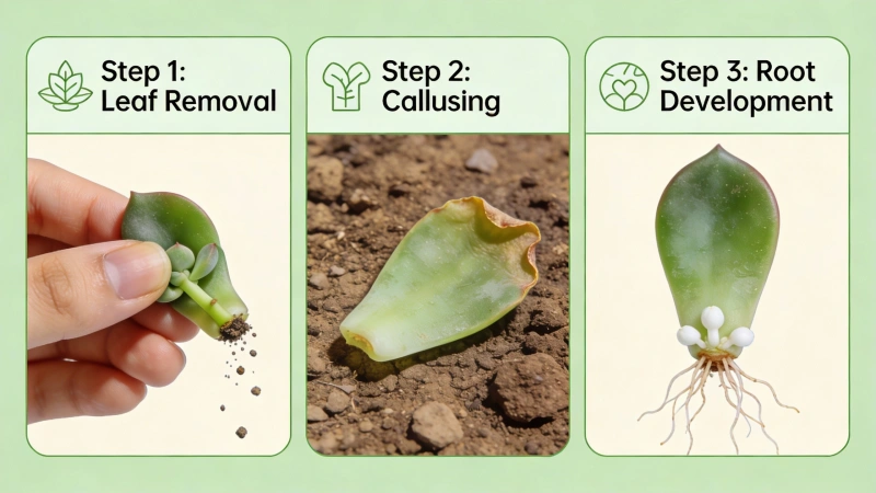 Succulent leaf propagation steps showing leaf removal, callusing and root development