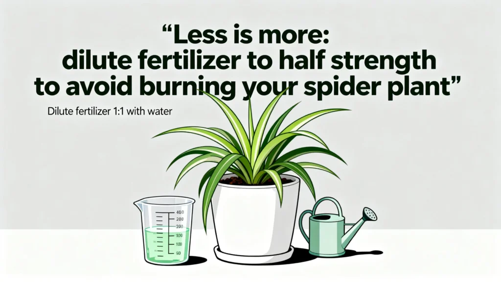 Less is more: dilute fertilizer to half strength to avoid burning your spider plant.