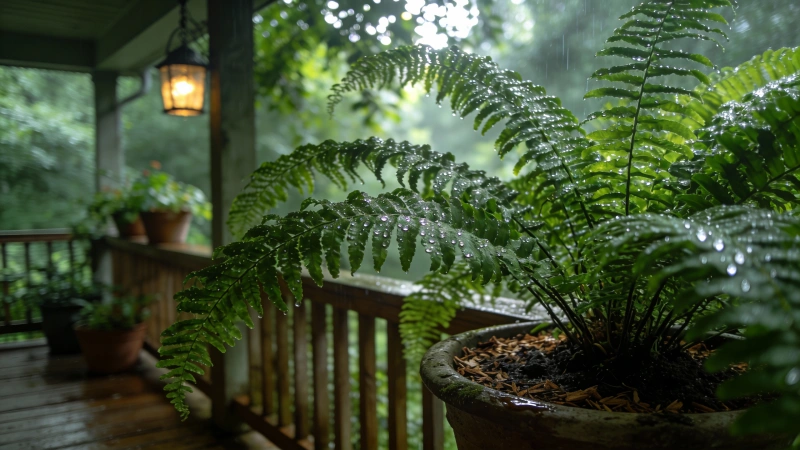 Boston fern on shaded porch in summer - outdoor care
