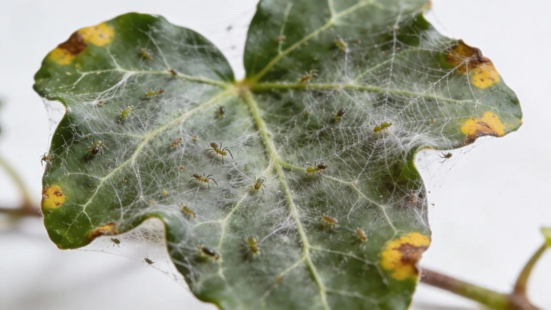 Spider mite webbing on an English ivy leaf for pest identification