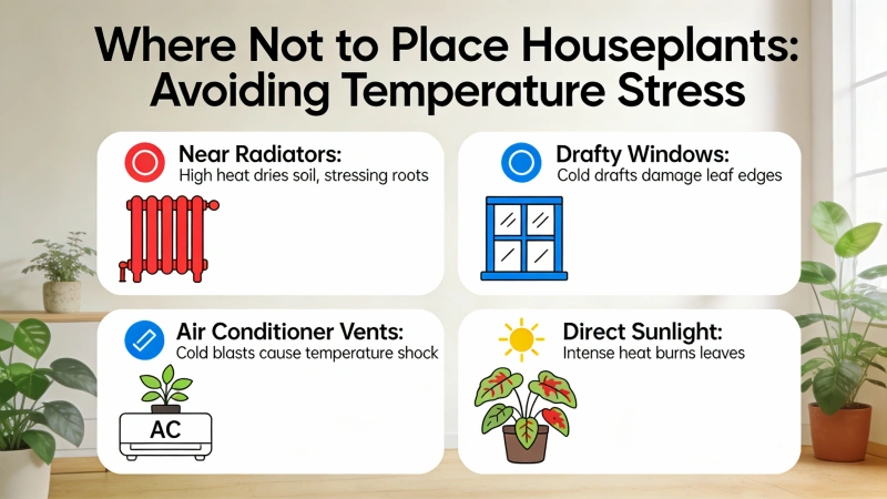 Diagram showing where not to place houseplants to avoid temperature stress