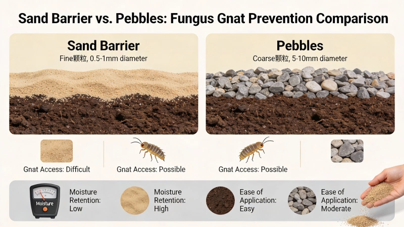 Sand barrier compared to pebbles for preventing fungus gnats