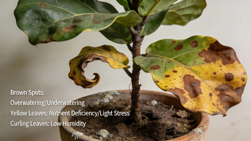 Struggling fiddle leaf fig with brown spots and yellow leaves showing common problems