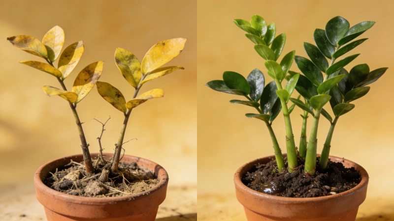 Healthy thriving ZZ plant with multiple new stems after recovery