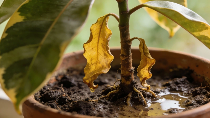 Rubber plant with yellow drooping leaves showing signs of overwatering and root rot