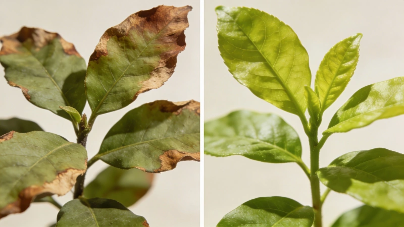 Before-and-after of a Dracaena: brown leaf tips versus healthy new growth