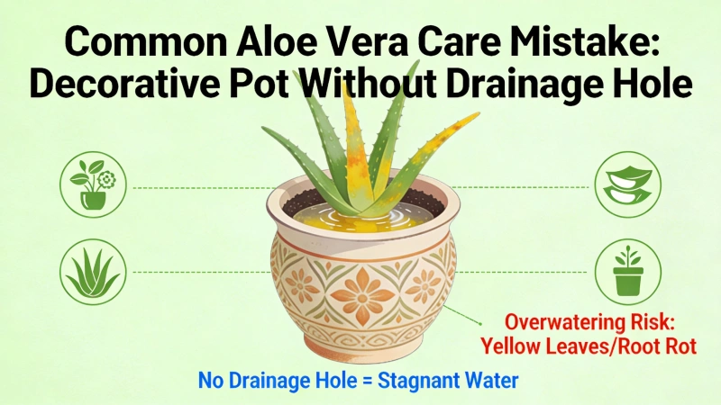 Decorative pot without a drainage hole — a common aloe vera mistake to avoid