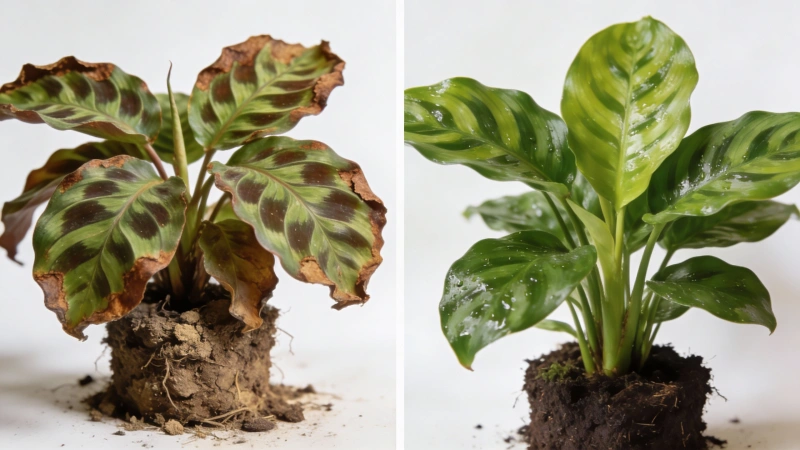 Before-and-after of a Calathea Medallion: brown crispy edges versus healthy vibrant leaves