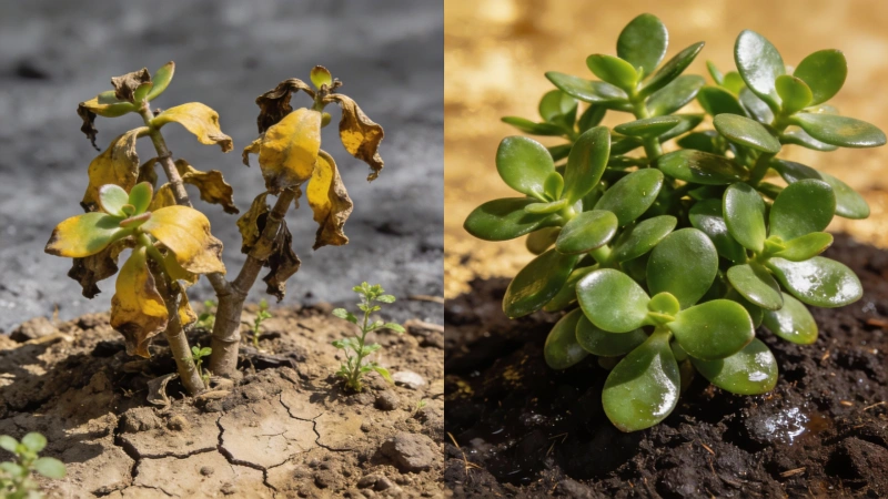 Before-and-after of a jade plant: dying with root rot versus healthy and thriving