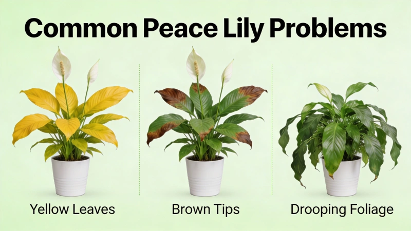 Common peace lily problems including yellow leaves, brown tips, and drooping foliage
