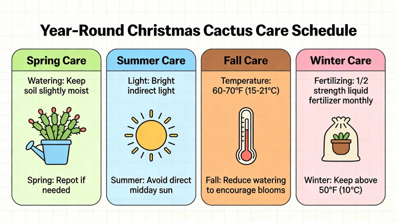 Year-round Christmas cactus care schedule infographic - seasonal care guide