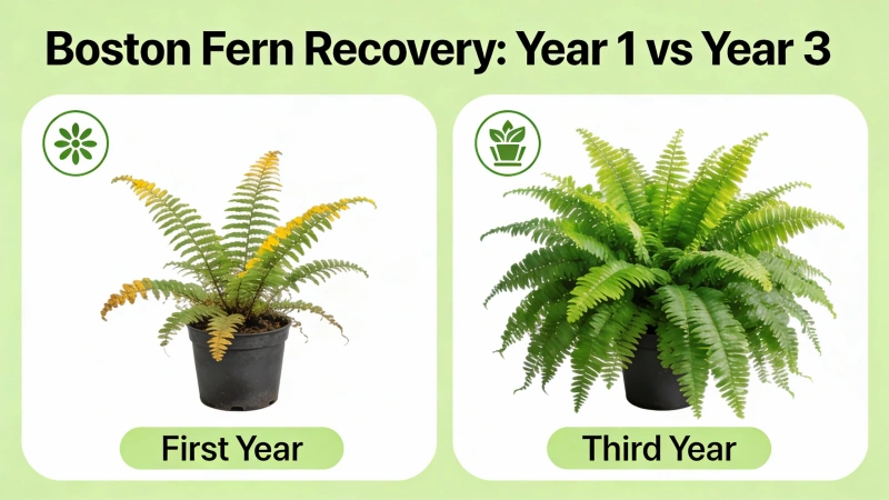 Boston fern recovery - first year vs third year comparison showing improvement