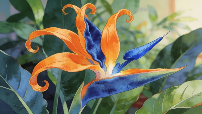 Bird of Paradise orange and blue flower bloom - rare indoors