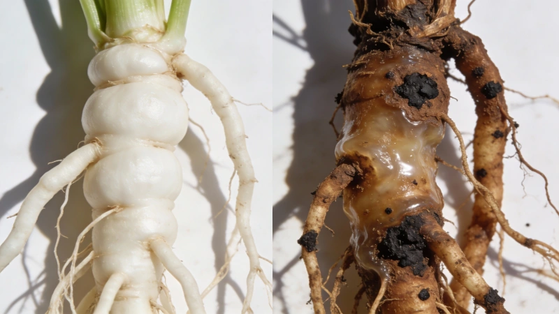 Healthy white plant roots compared to brown rotting roots with root rot