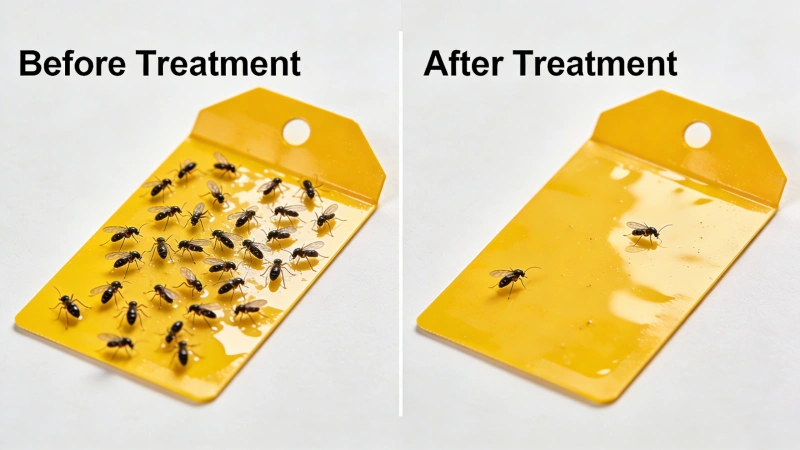 Yellow sticky trap before and after fungus gnat treatment showing progress