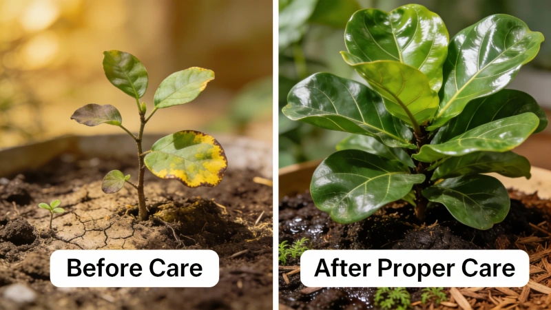 Healthy thriving fiddle leaf fig with large glossy leaves after proper care - before and after transformation