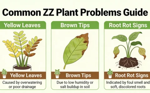 Visual guide showing common ZZ plant problems including yellow leaves, brown tips, and root rot signs