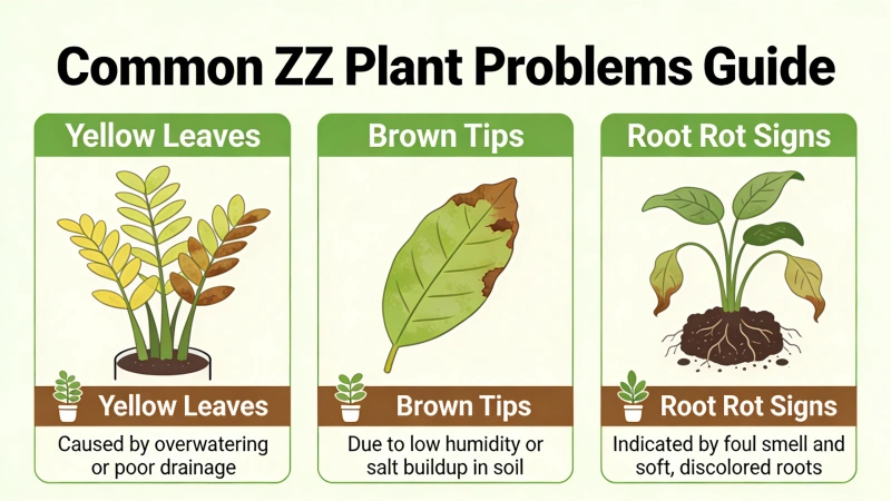 Visual guide showing common ZZ plant problems including yellow leaves, brown tips and root rot