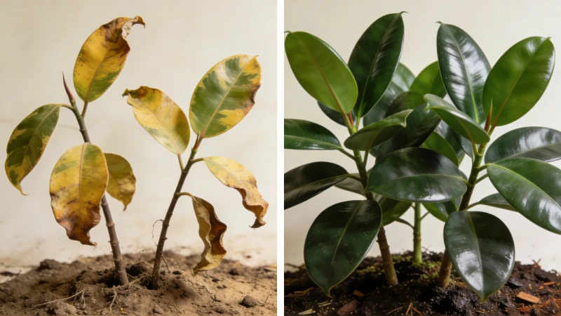 Healthy thriving rubber plant with multiple glossy leaves after proper care