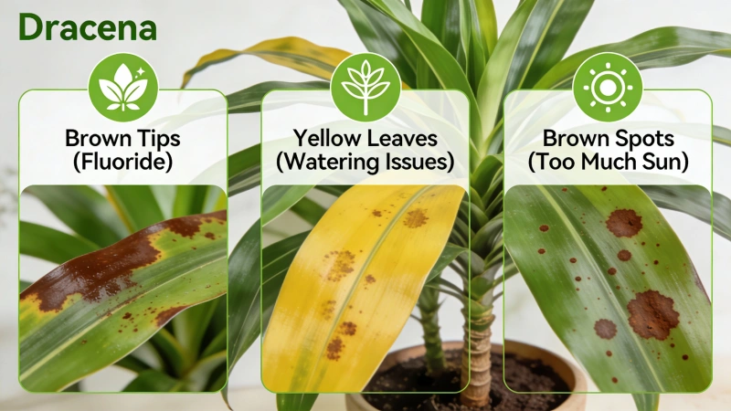 Common Dracaena leaf problems: brown tips, yellowing, and brown spots