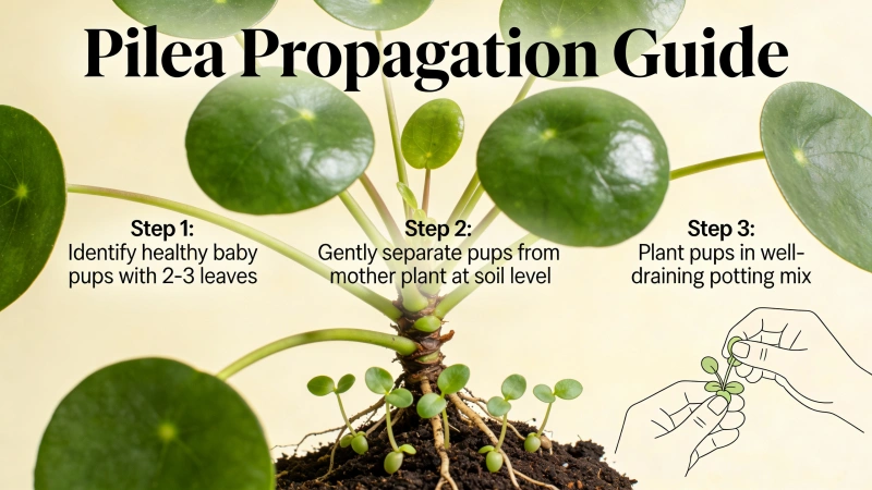 Chinese Money Plant baby pups growing at the base of mother plant - how to propagate Pilea