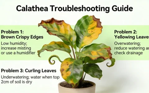 Calathea plant showing common problems including brown crispy edges, yellowing leaves, and curling - Calathea troubleshooting guide