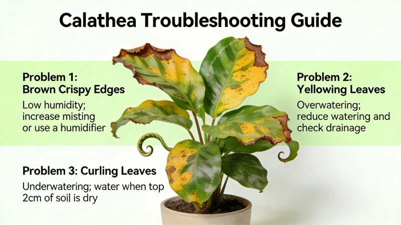 Calathea showing common problems: brown crispy edges, yellowing leaves and curling