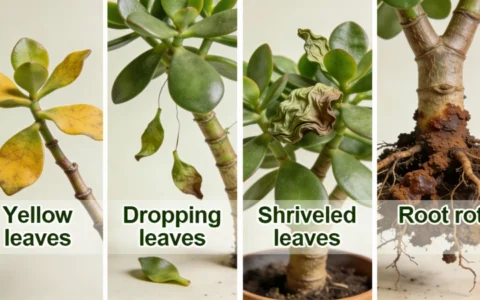 Common jade plant problems showing yellow leaves, dropping leaves, shriveled leaves and root rot symptoms