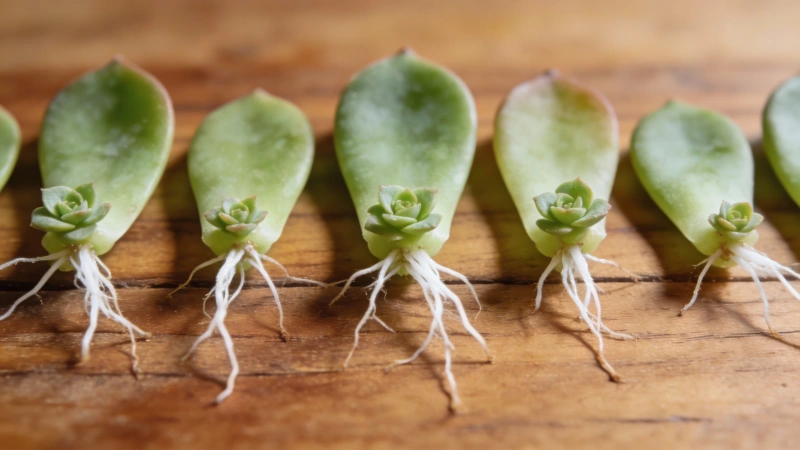 Succulent babies growing from propagated leaves with new roots and tiny rosettes