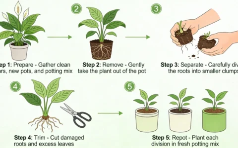 Step-by-step peace lily propagation by division showing root separation