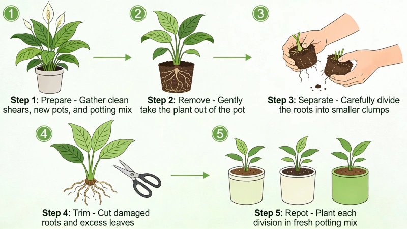 Step-by-step peace lily propagation by division showing root separation