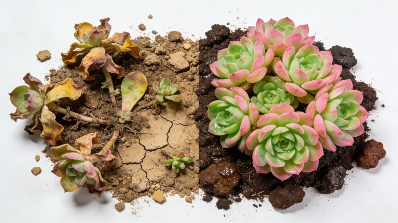 Before-and-after succulent collection showing transformation from struggling to thriving
