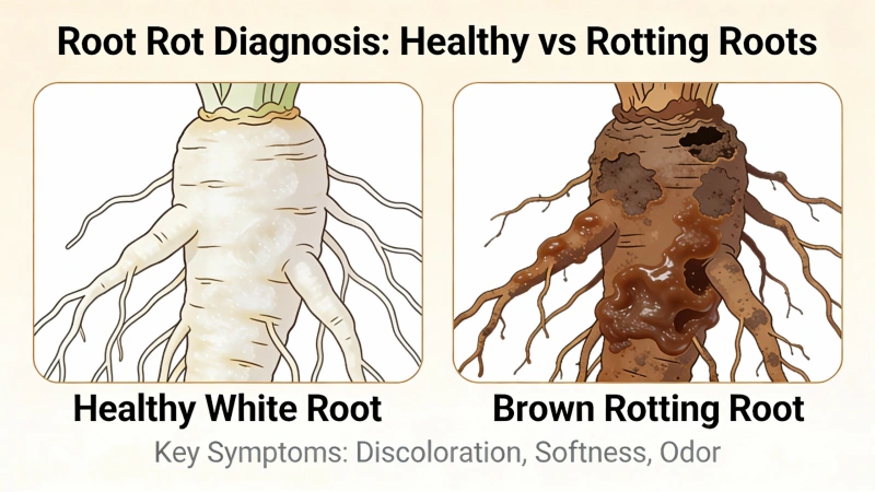 Comparison of healthy white roots versus brown rotting roots - diagnosing root rot