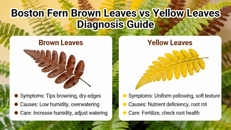 Boston fern brown leaves vs yellow leaves diagnosis guide