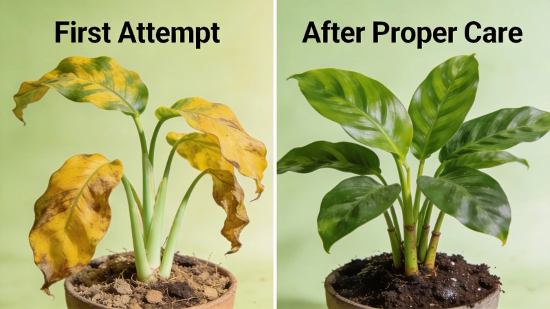 Prayer plant recovery - first attempt vs after proper care