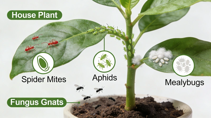 Common houseplant pests including spider mites, aphids, mealybugs and fungus gnats