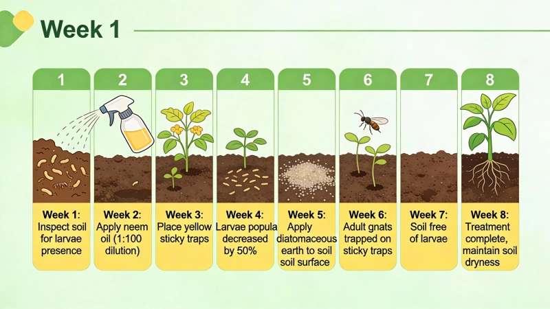 Fungus gnat treatment timeline showing weekly progress over 6 to 8 weeks