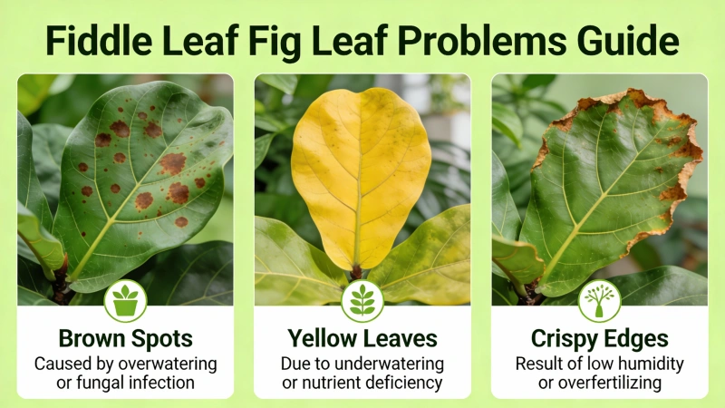 Guide showing different fiddle leaf fig leaf problems including brown spots, yellow leaves, and crispy edges