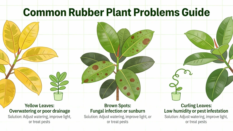 Visual guide showing common rubber plant problems including yellow leaves, brown spots and curling