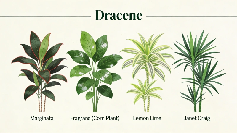 Dracaena varieties: marginata, fragrans, Lemon Lime, and Janet Craig