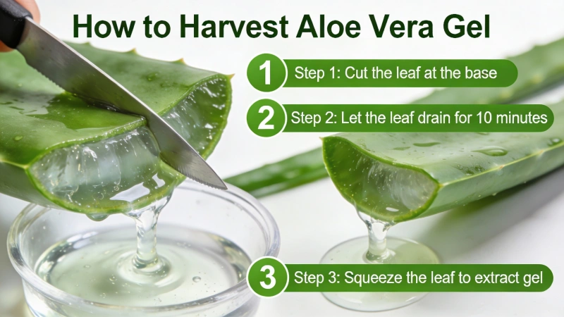 Clear aloe vera gel being extracted from a cut leaf