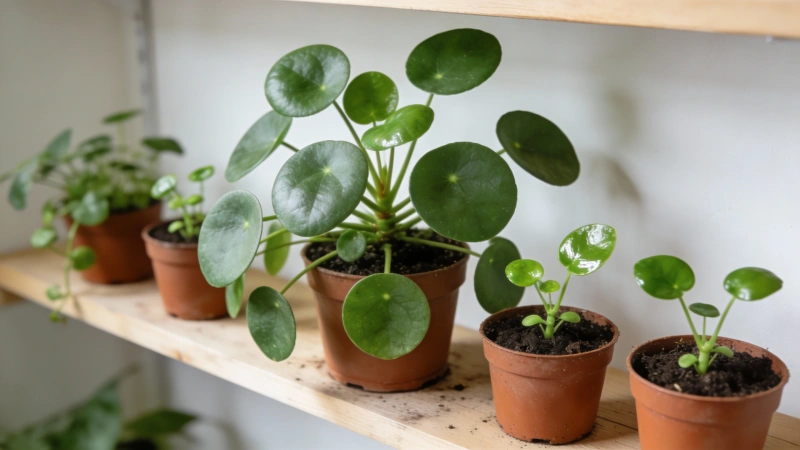 Collection of healthy Chinese Money Plants in various sizes showing successful propagation results