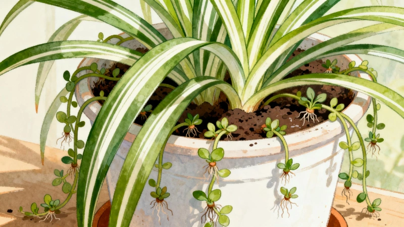A happy spider plant loaded with runners and babies.