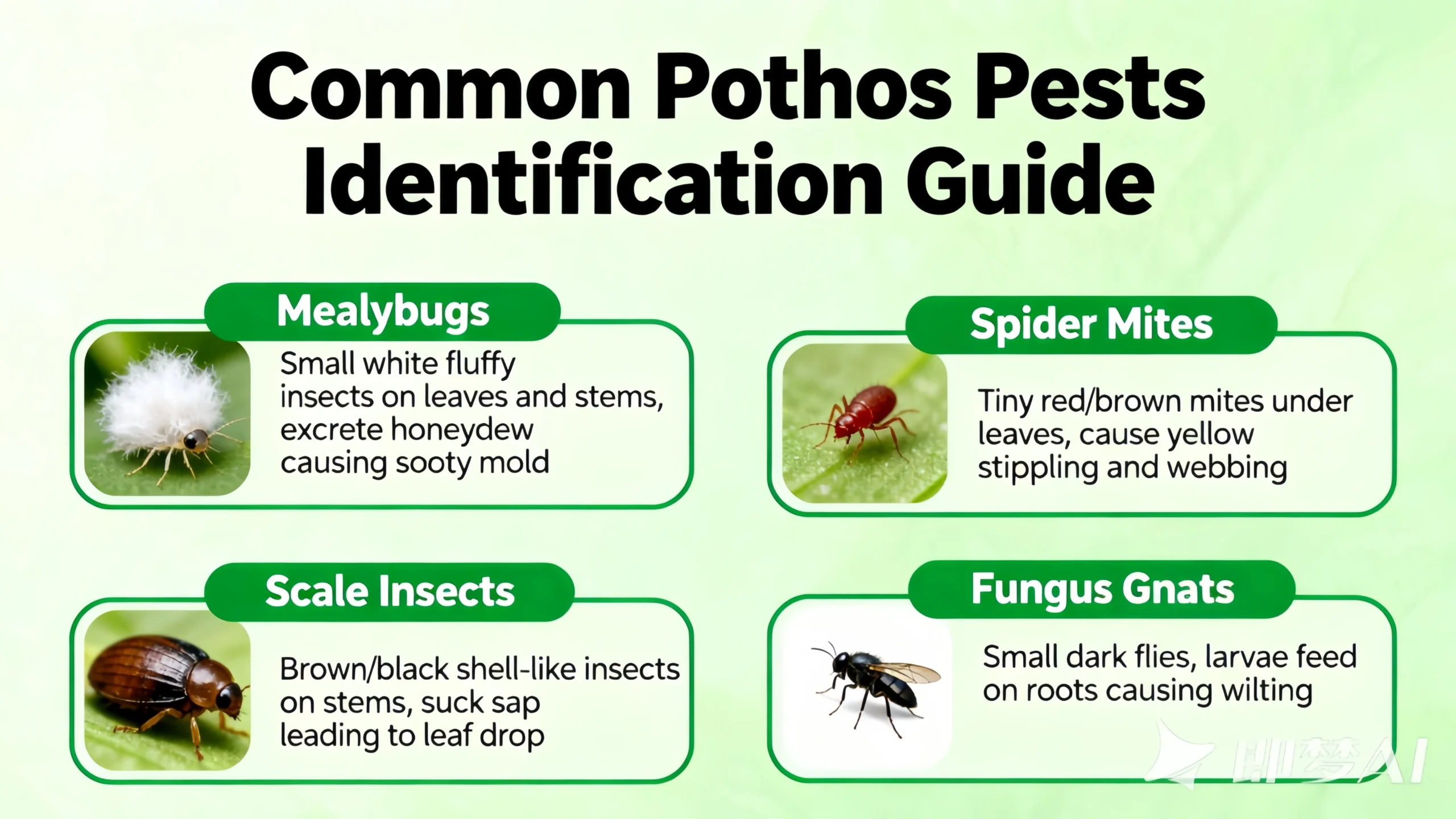 Common pothos pests identification showing spider mites, mealybugs, fungus gnats, and scale