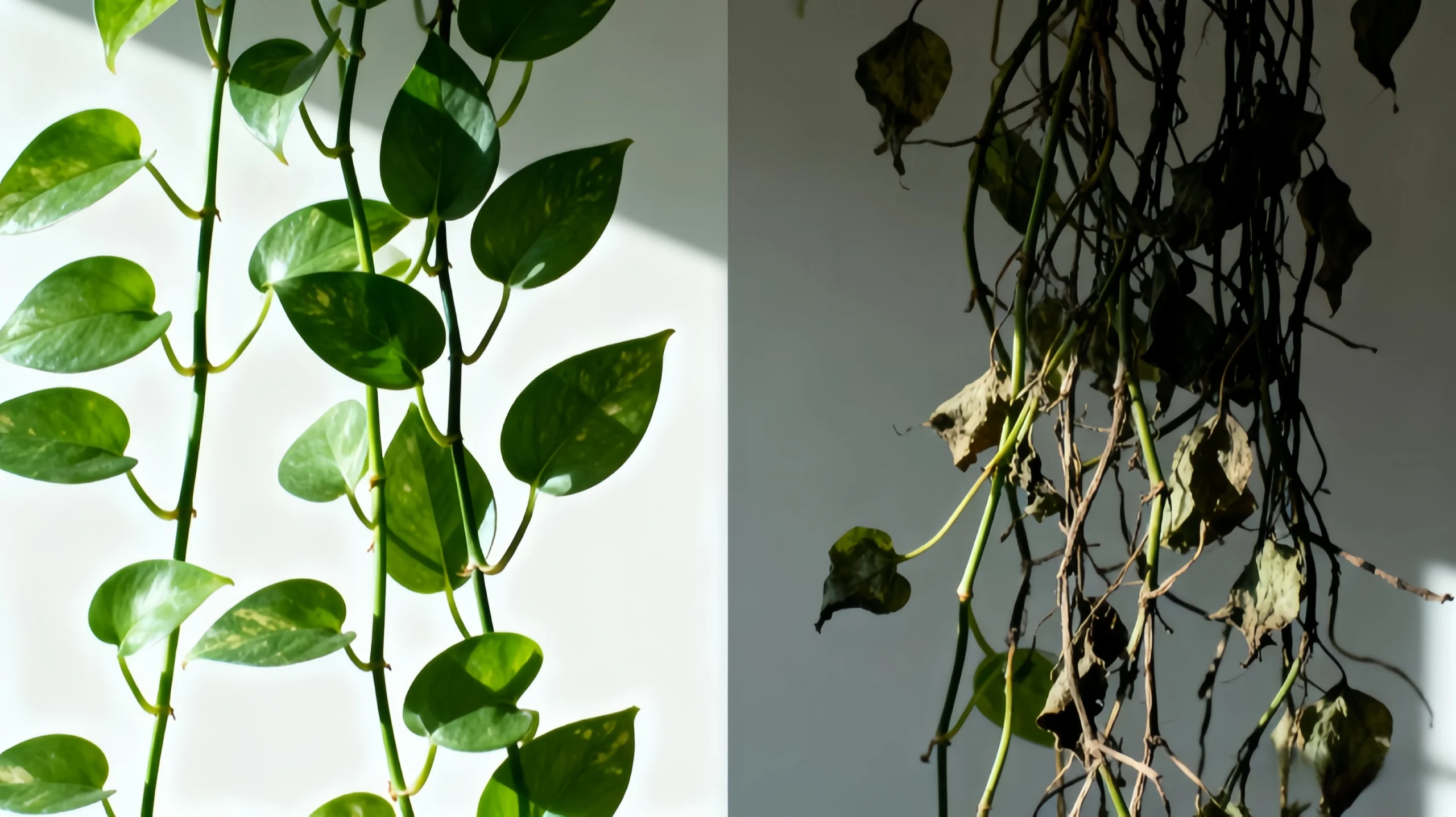 Comparison of healthy pothos plant versus leggy pothos from insufficient light