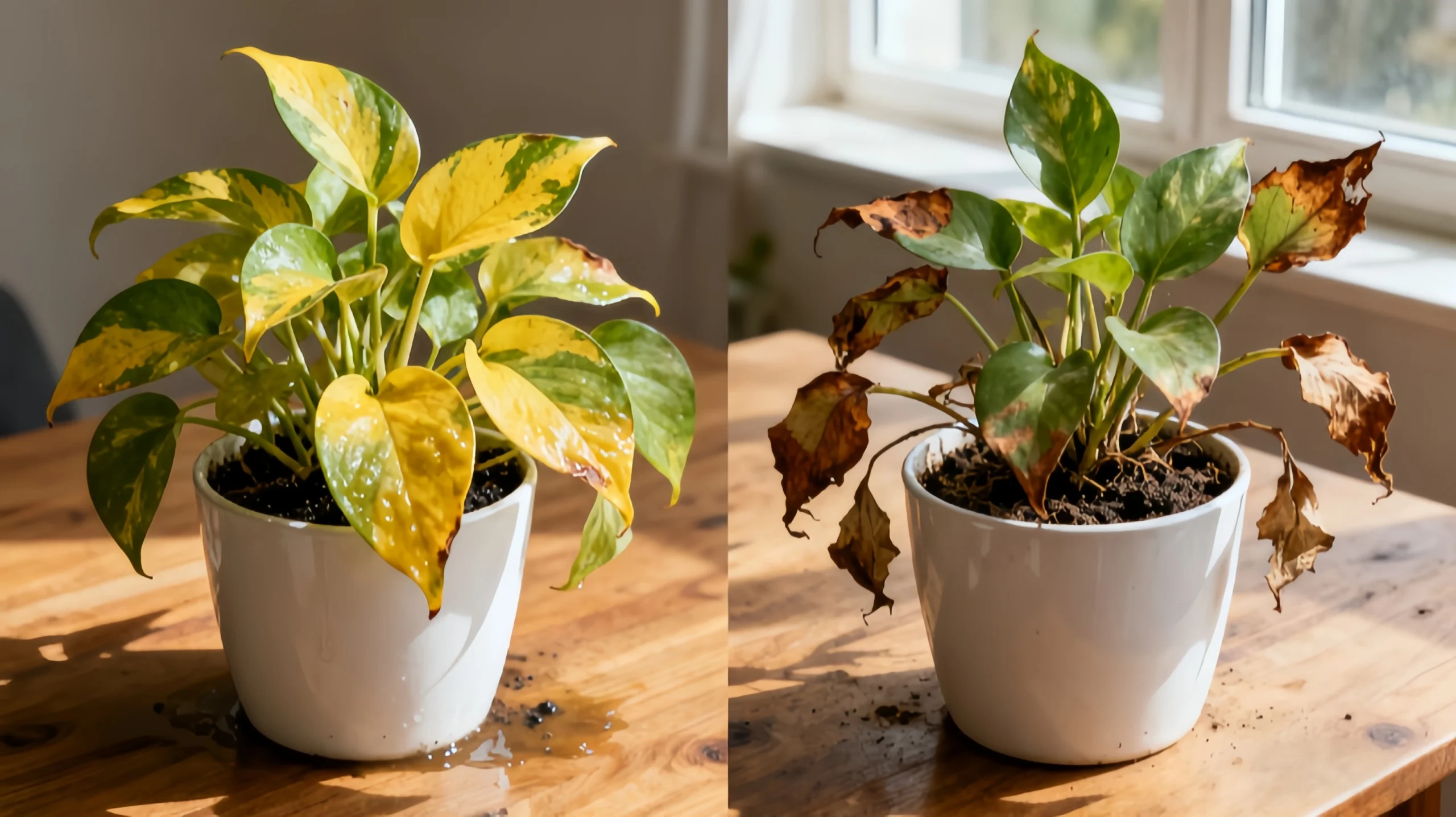 Overwatered pothos with yellow leaves versus underwatered pothos with dry crispy edges