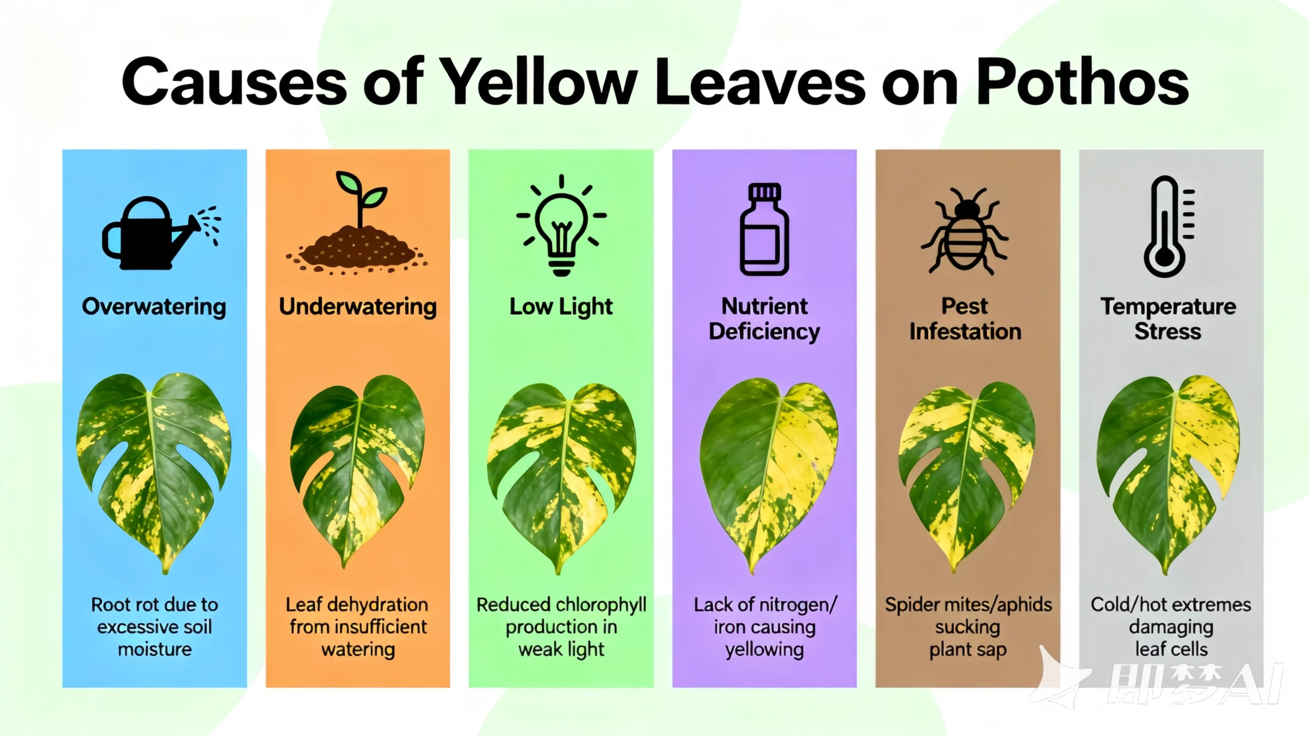 Pothos yellow leaves diagnosis chart showing different causes and symptoms