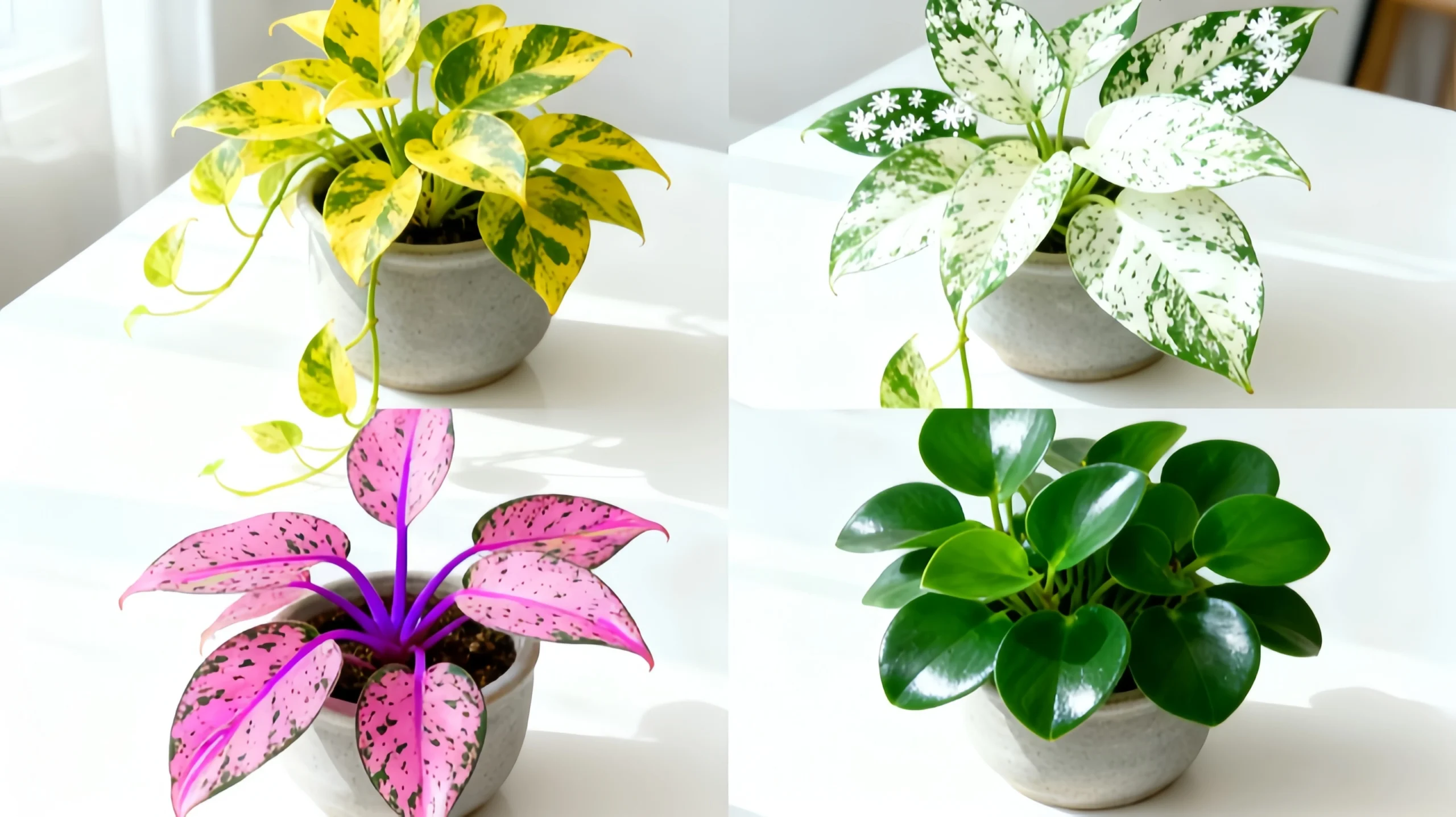 Pothos varieties comparison - golden pothos, marble queen, neon, and jade pothos