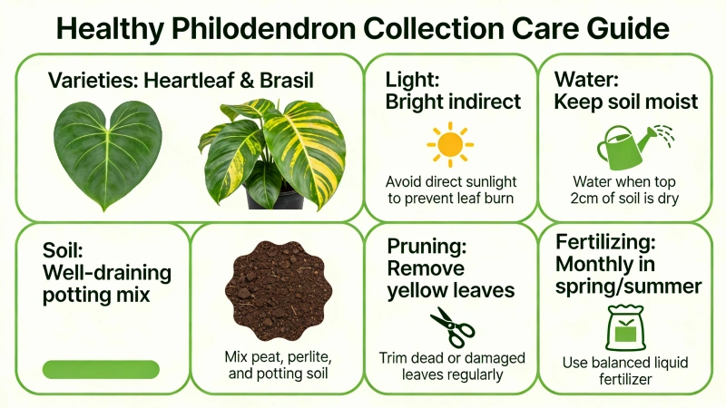 Healthy philodendron collection with heartleaf and Brasil varieties